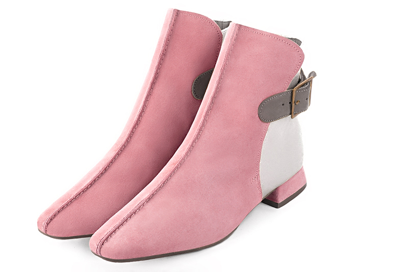 Carnation pink, light silver and pebble grey women's ankle boots with buckles at the back. Square toe. Flat flare heels. Front view - Florence KOOIJMAN